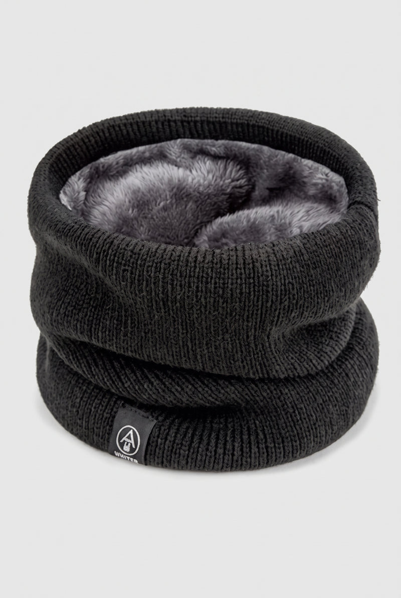 Fleece-Lined Neck Gaiter in Black — studio front