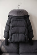 Fur Collar Puffer Jacket in Black — studio angle