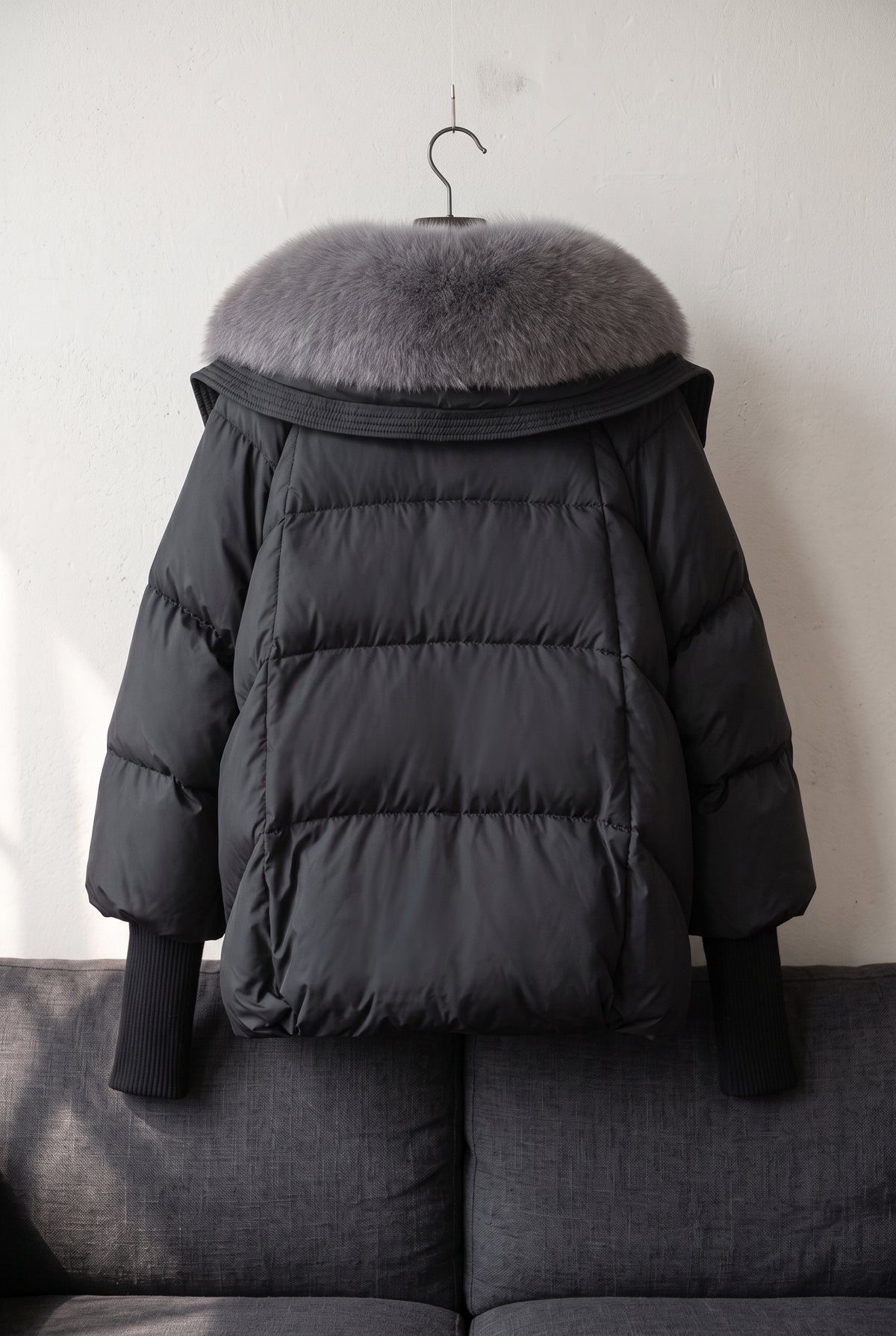 Fur Collar Puffer Jacket in Black — studio angle