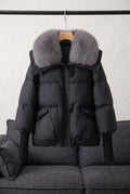 Fur Collar Puffer Jacket in Black — studio front