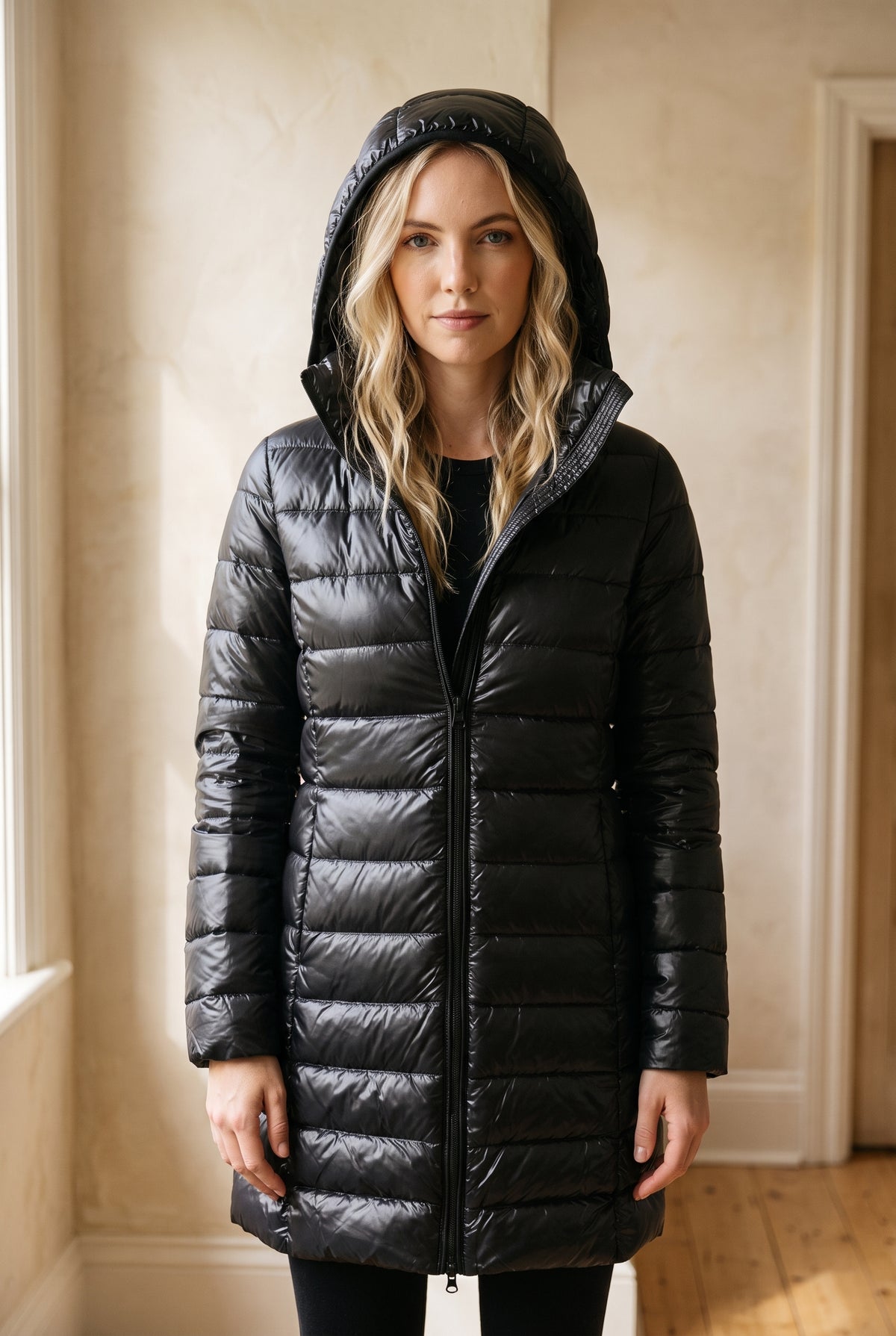 Glossy Hooded Puffer Coat in Black — studio front