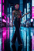 Black Gold Halter Cropped Top and Black Flared Trousers Set - Cropped top and trousers - Photo 4
