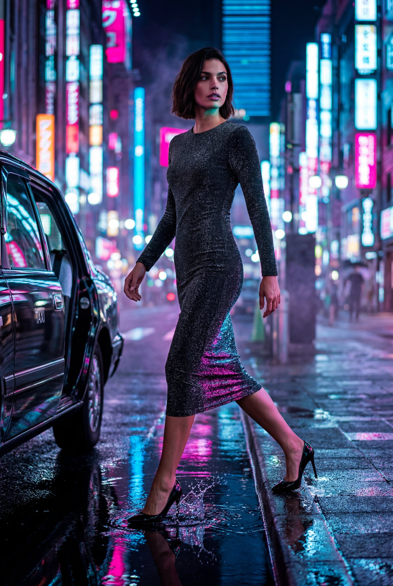 Black Gunmetal Shimmer Bodycon Midi Dress with Long Sleeves - Bodycon dress - Photo 4