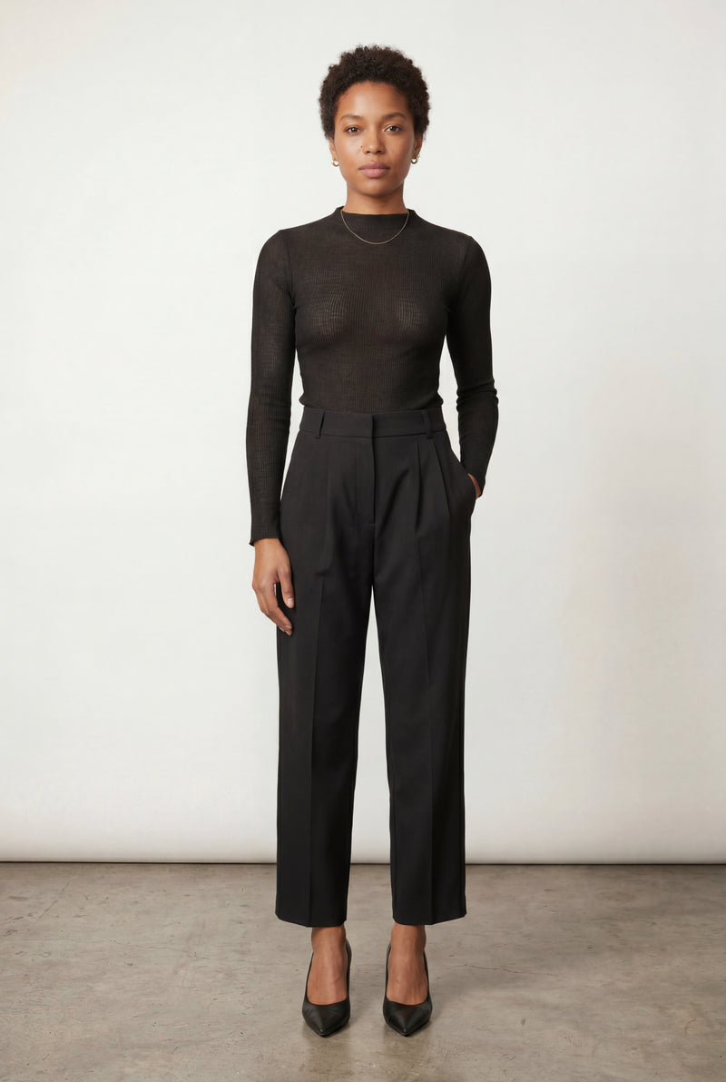 Black High-waisted Pleated Tapered Trousers with Tailored Waistband - Photo 2