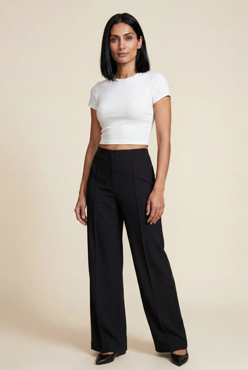 Black High-waisted Tailored Wide-leg Trousers with Creased Front - Wide leg trousers - Photo 1