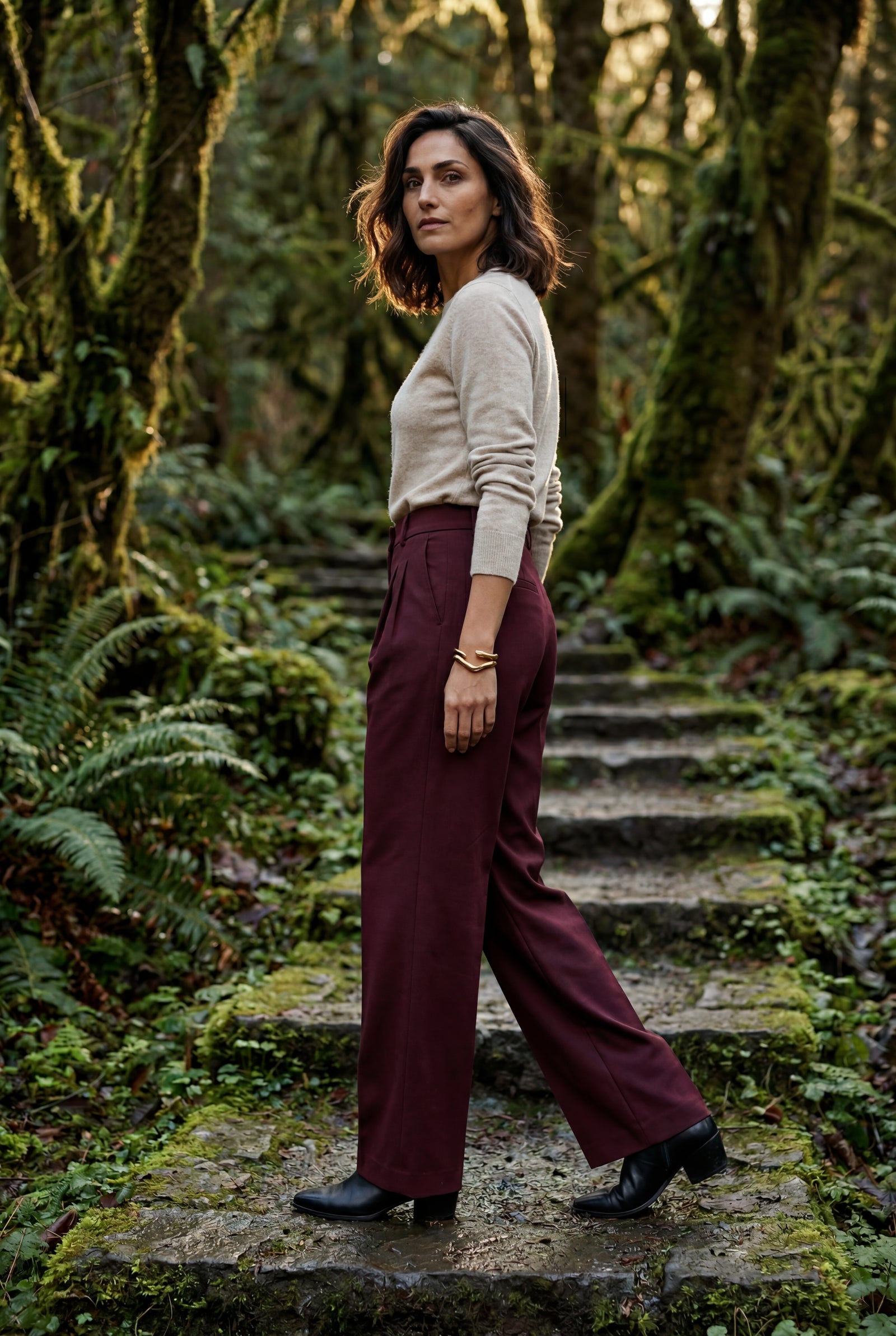 Burgundy High-waisted Tailored Wide-leg Trousers with Pleats - Wide leg trousers - Photo 9