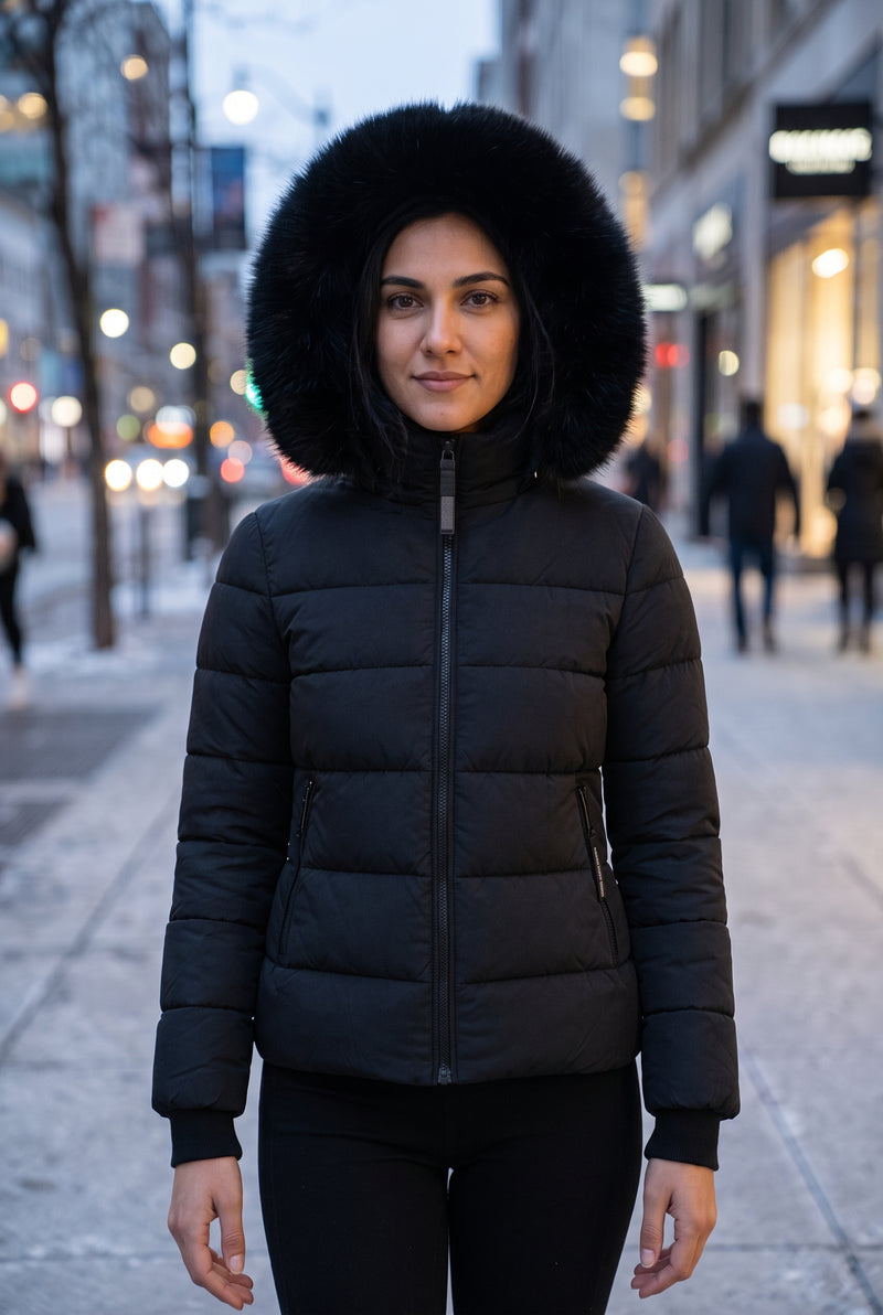 Hooded Faux-Fur Puffer Jacket in Black — studio front