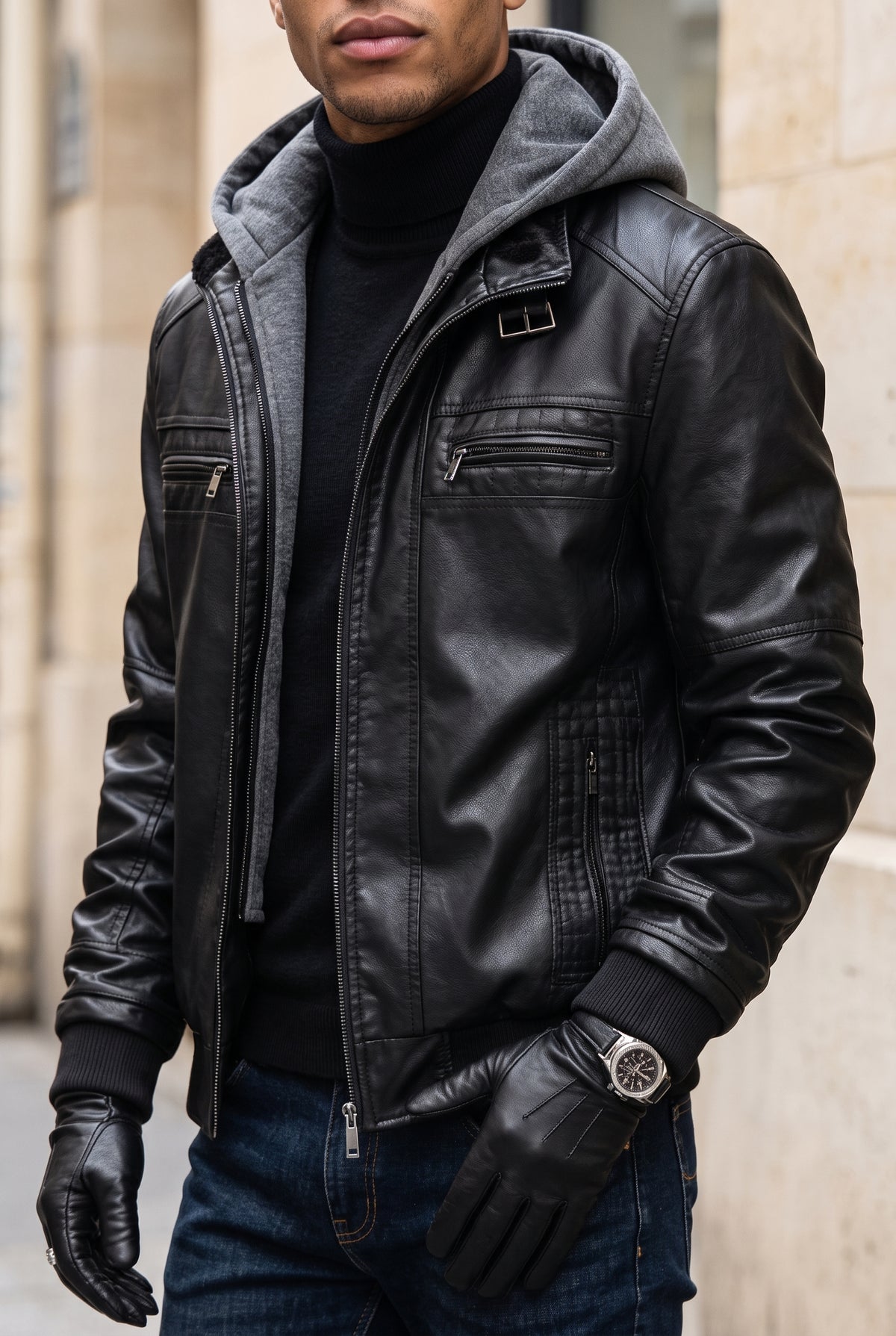 Hooded Leather Jacket in Black — lifestyle