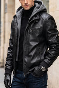 Hooded Leather Jacket in Black — studio front