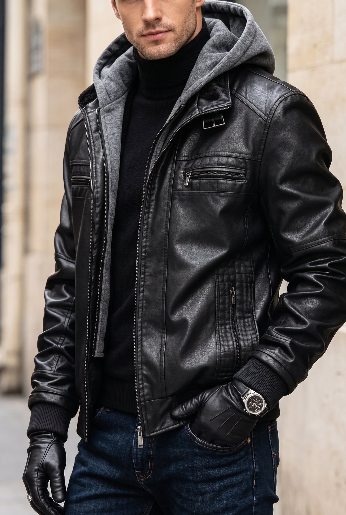 Hooded Leather Jacket in Black — studio front