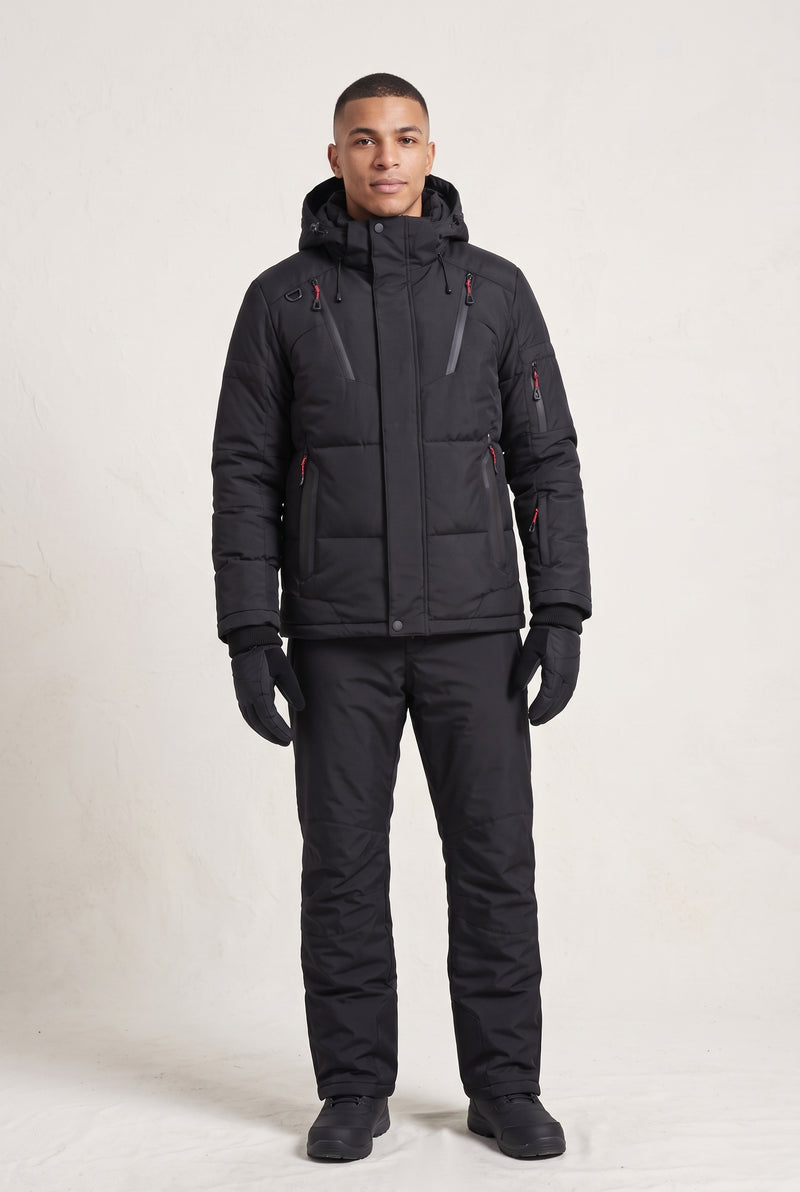 Hooded Ski Jacket and Trousers Set in Black — studio front