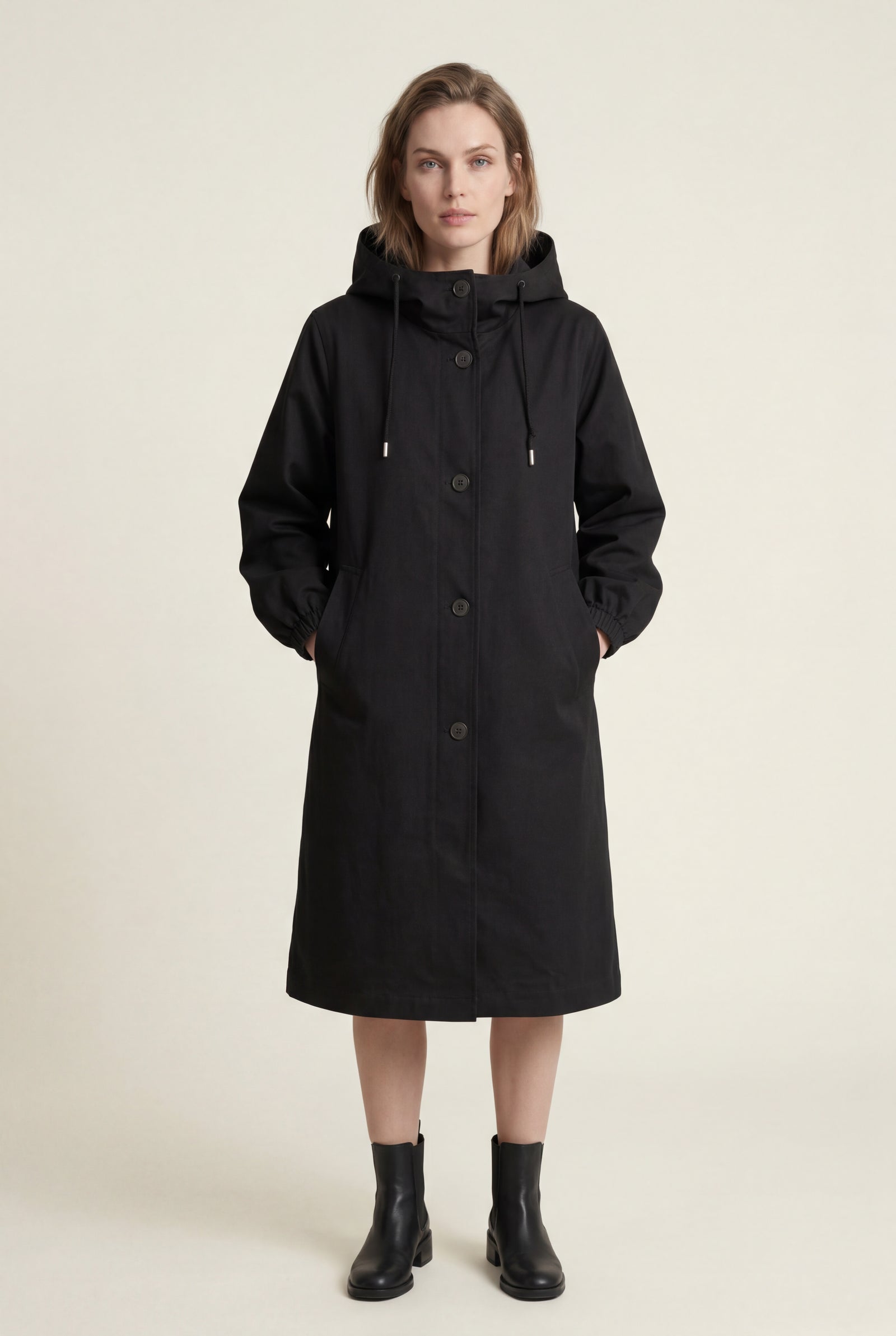 Black Hooded Snap Button Long Parka Coat with Adjustable Waist - Long coat - Photo 4