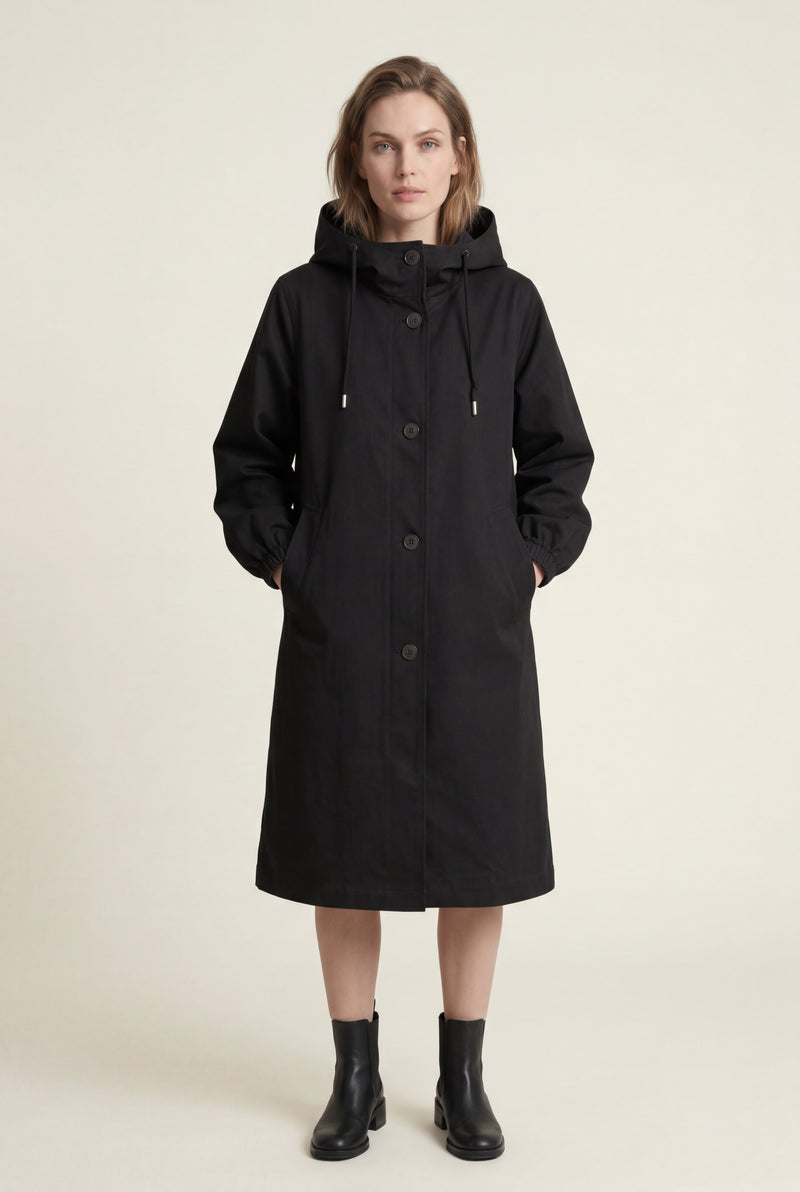 Black Hooded Snap Button Long Parka Coat with Adjustable Waist - Long coat - Photo 4