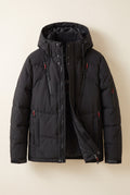 Insulated Hooded Puffer Coat in Black — studio front