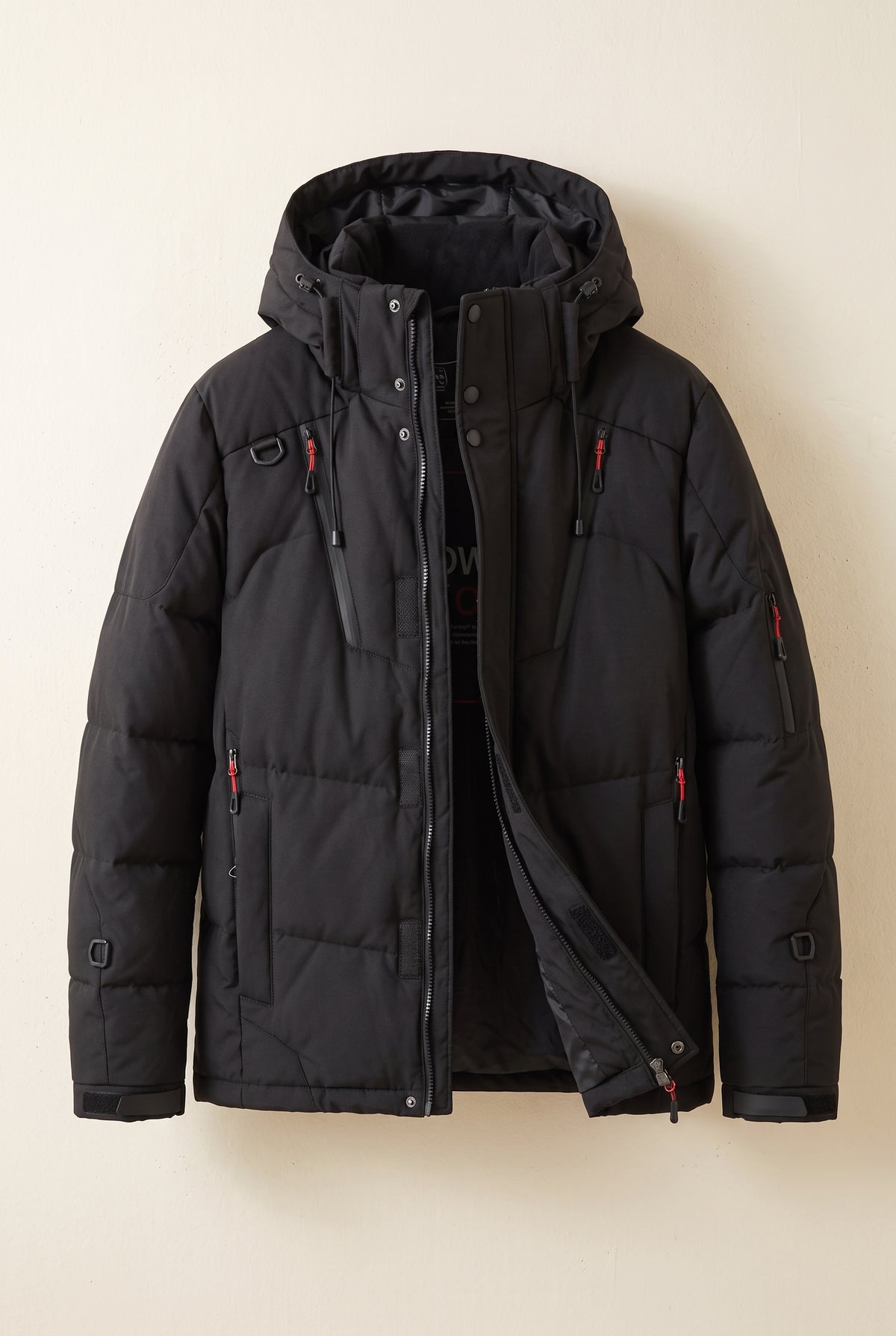 Insulated Hooded Puffer Coat in Black — studio front