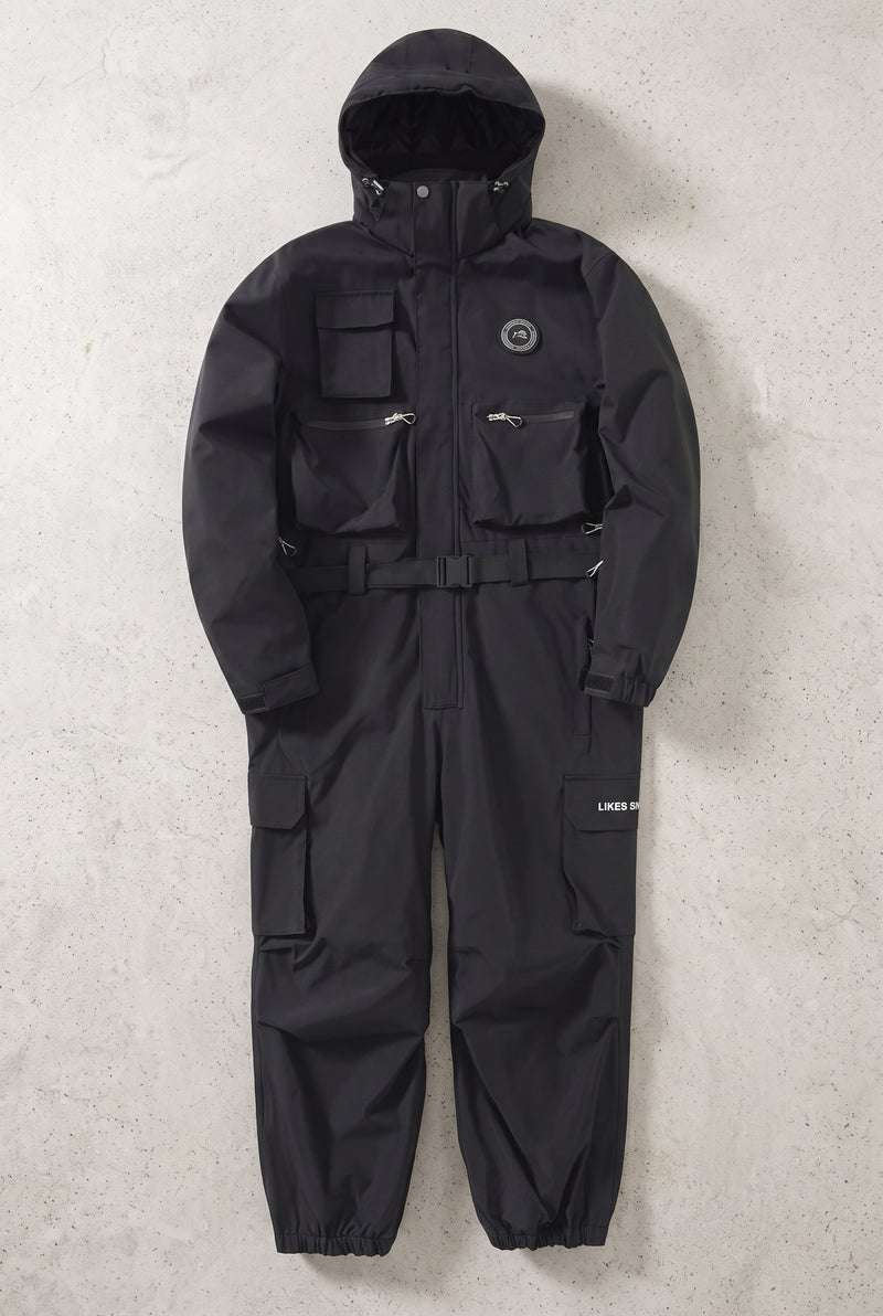 Insulated One-Piece Ski Suit in Black — studio front