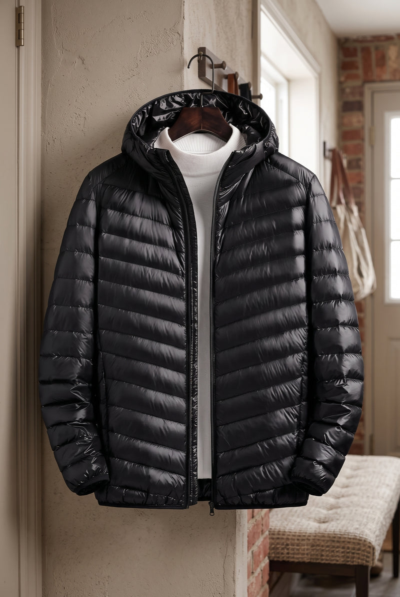 Insulated Quilted Down Jacket in Black — lifestyle