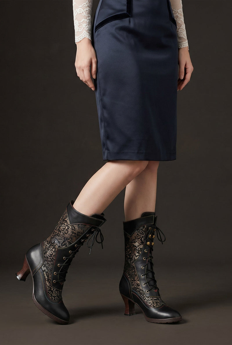 Lace-Up Mid-Calf Boots in Black — side
