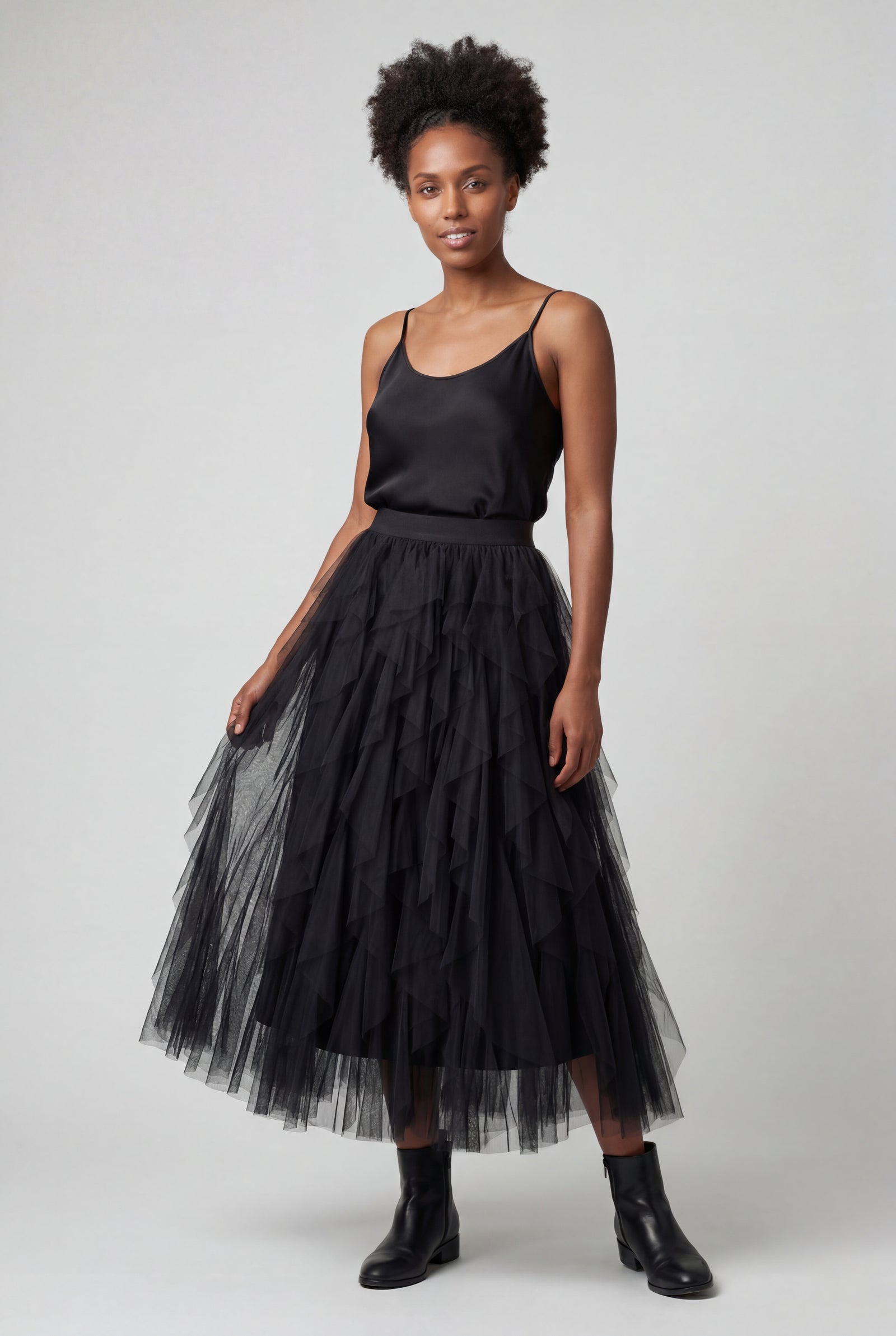 Black Layered Asymmetric Hem Midi Skirt with Elastic Waistband - Layered skirts - Photo 9