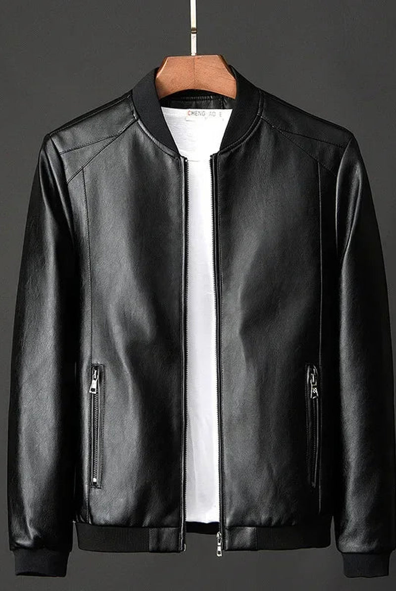 Leather Bomber Jacket in Black — front view