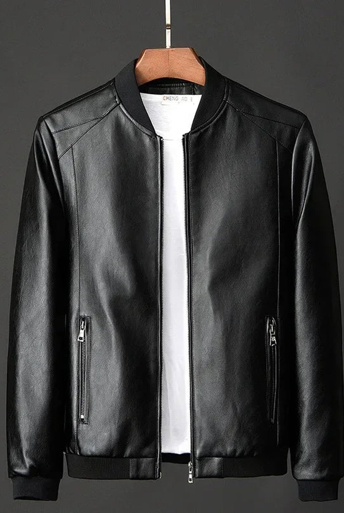 Leather Bomber Jacket in Black — front view