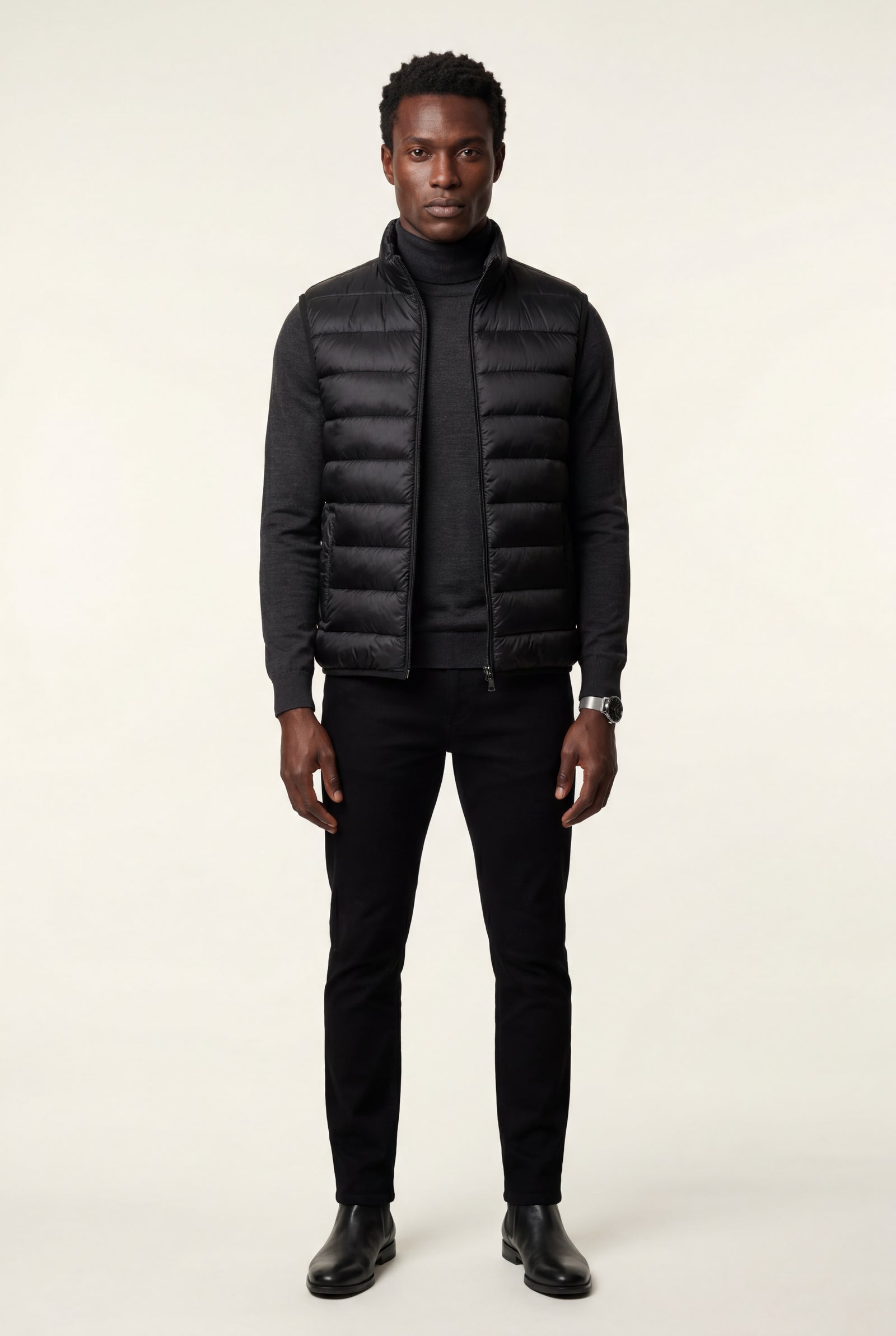 Black Lightweight High Collar Padded Vest with Slim Silhouette - Padded vests - Photo 2
