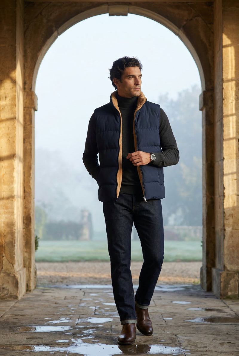 Navy Blue Lined Quilted Puffer Vest with Stand Collar - Photo 4