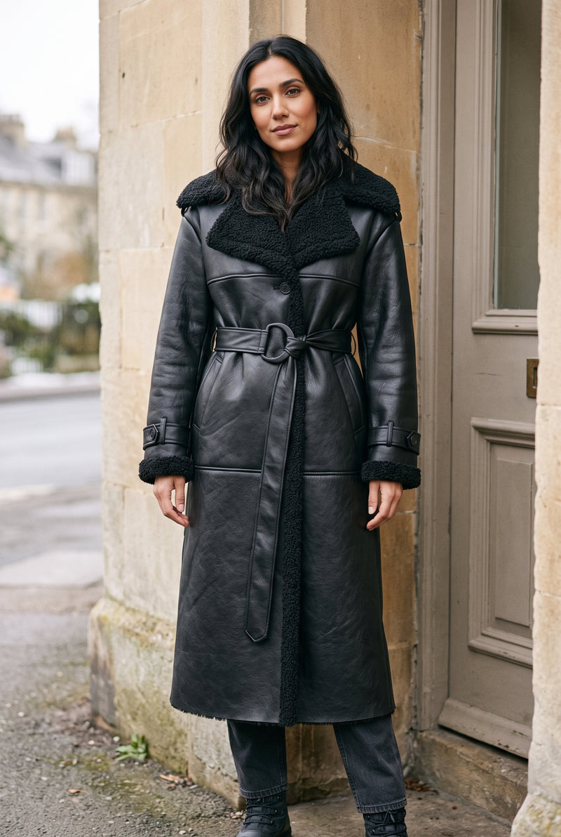 Teddy-Trim Belted Coat in Black — lifestyle
