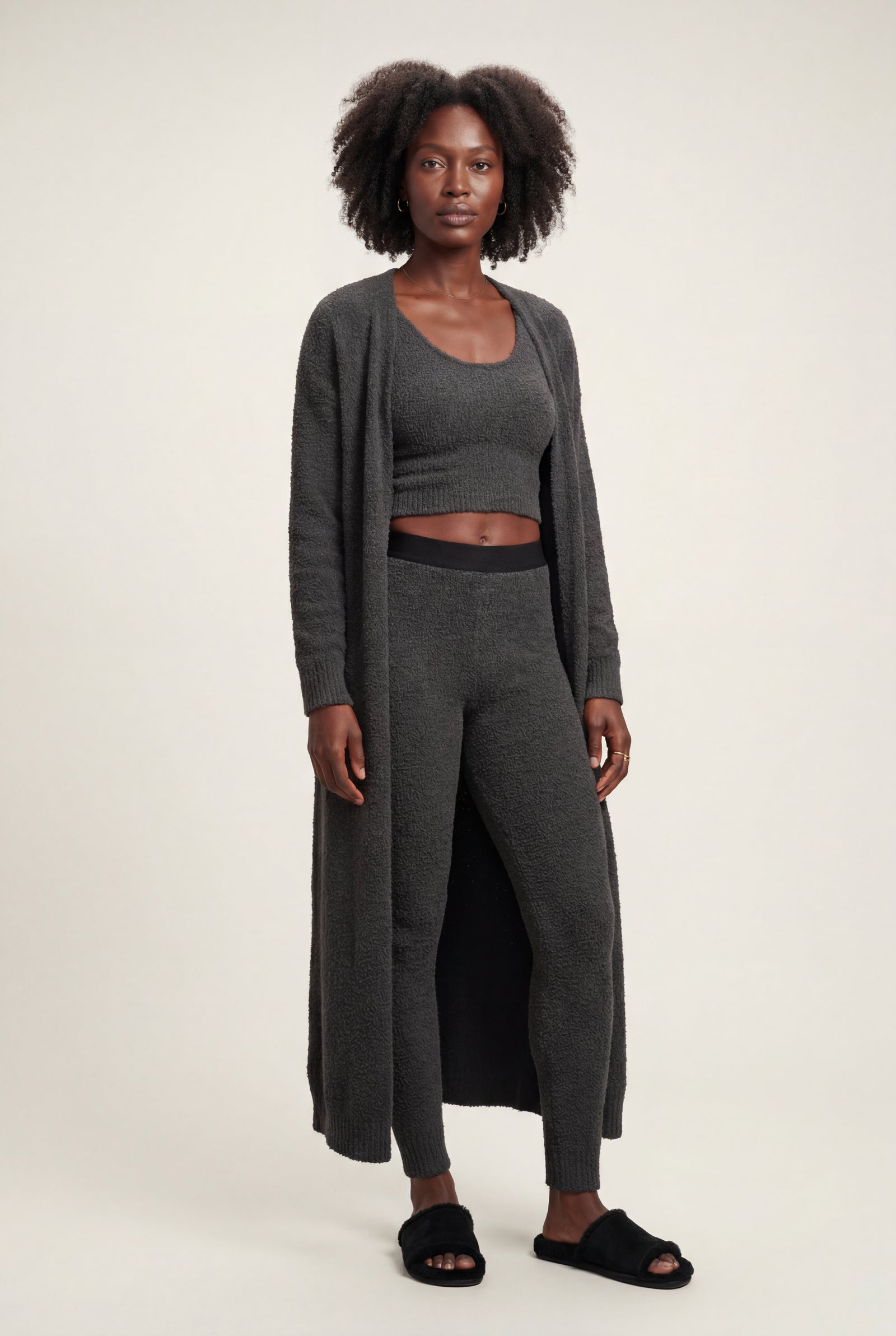 Black Longline Cardigan 3-piece Ribbed Loungewear Set - Photo 6