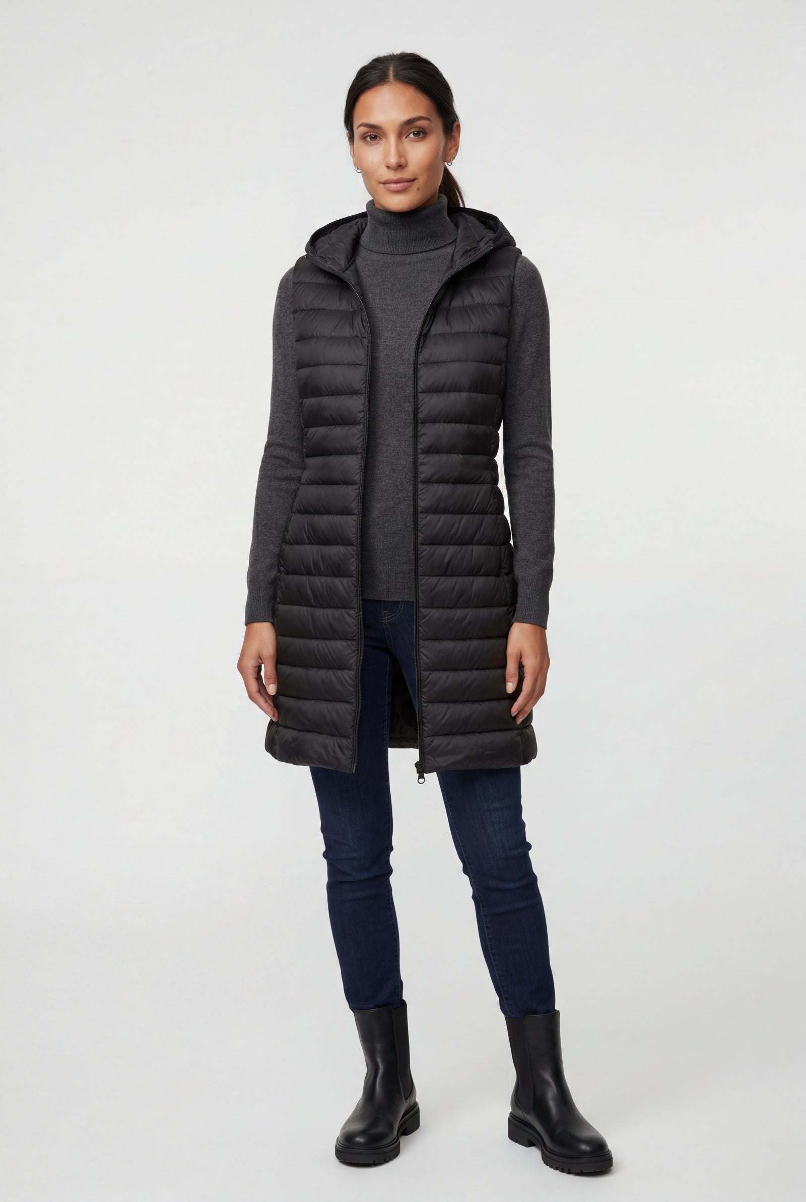 Black Longline Quilted Hooded Bodywarmer Vest with Full Zip - Bodywarmer vests - Photo 7