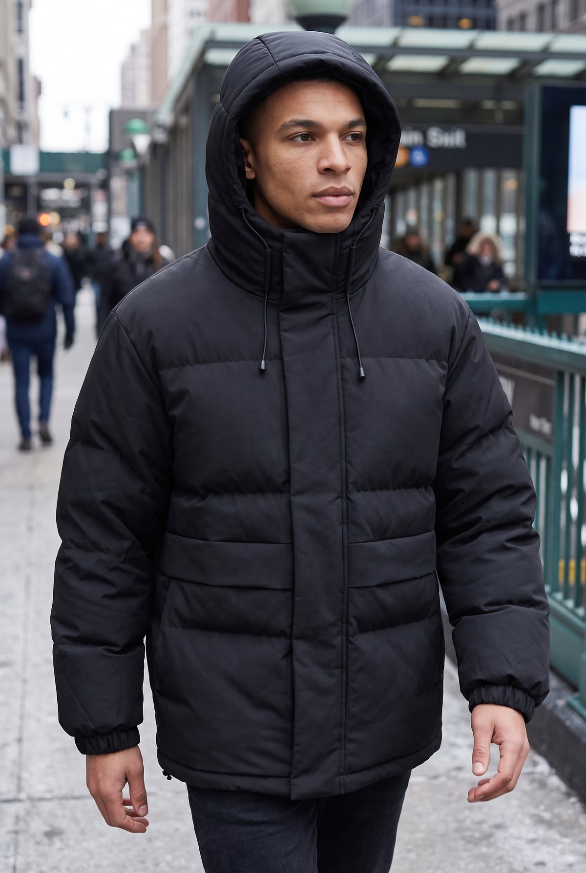 Matte Finish Hooded Puffer Jacket in Black — lifestyle