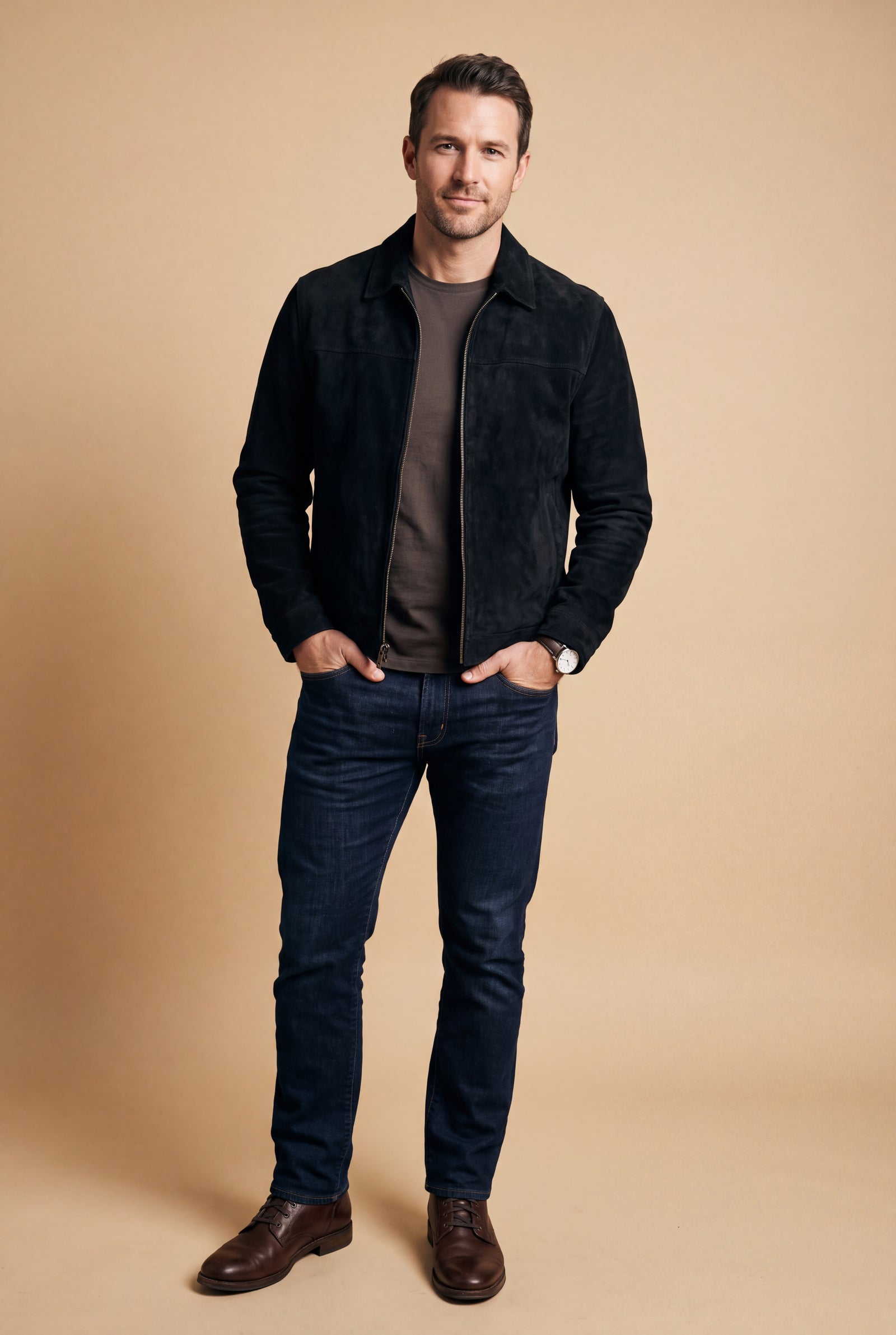 Men's Jacket Classic Fitted Zipper in Black — studio full