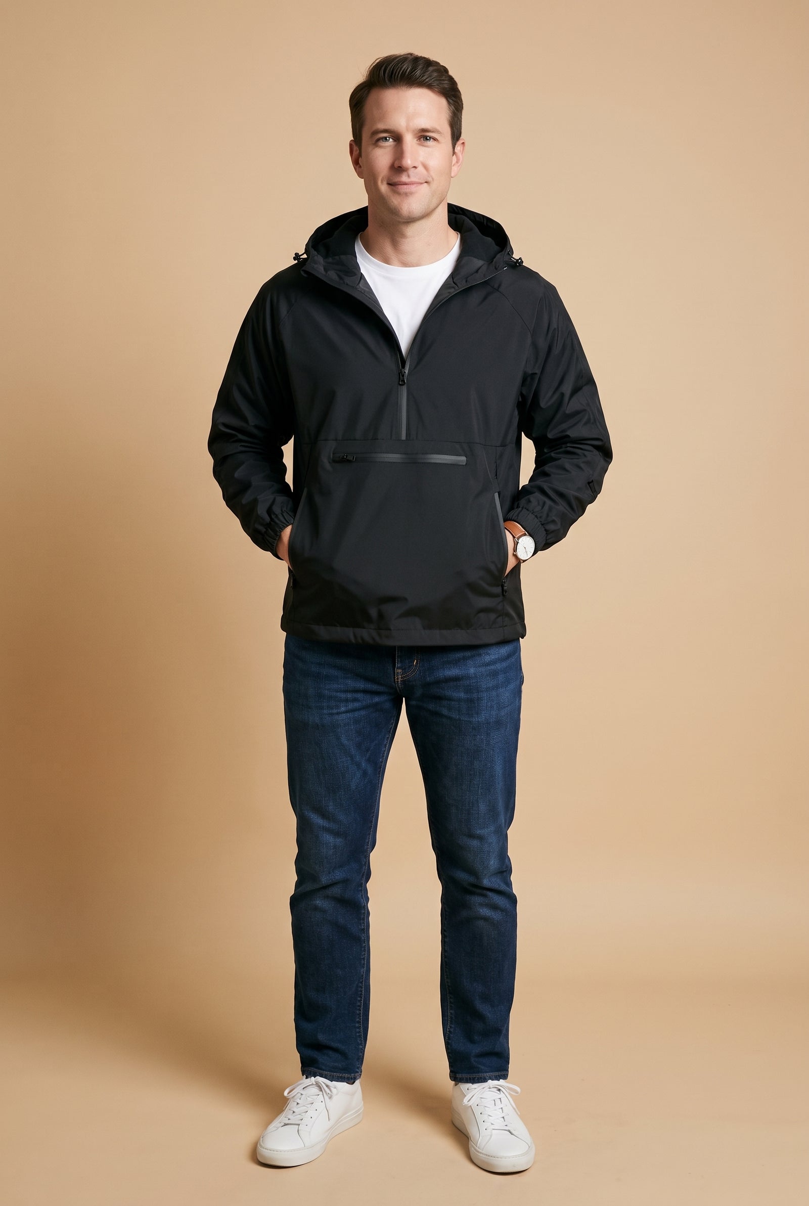 Men's Rain Jacket Hooded Waterproof in Black — studio full
