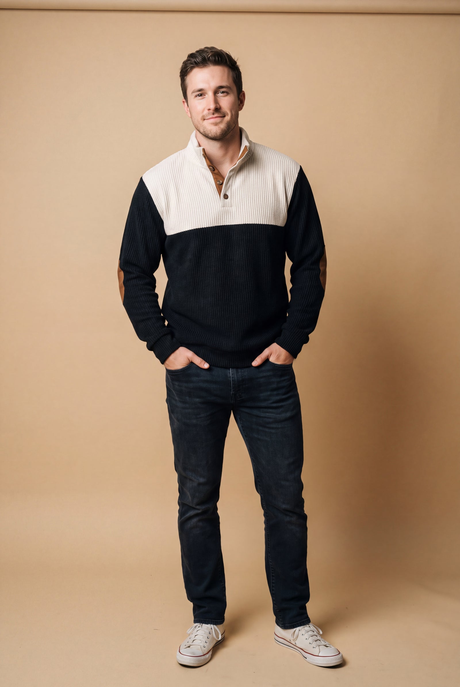 Men's Sweater Stand Collar Two-Tone in Black — studio front