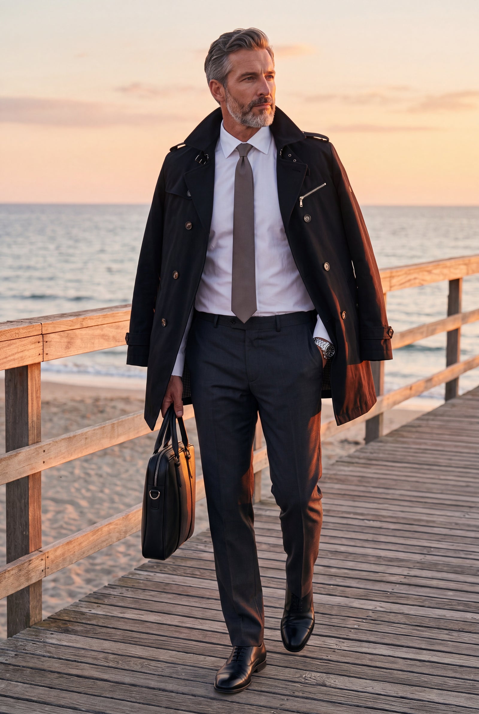 Men's Trench Coat Double Breasted in Black — seaside evening