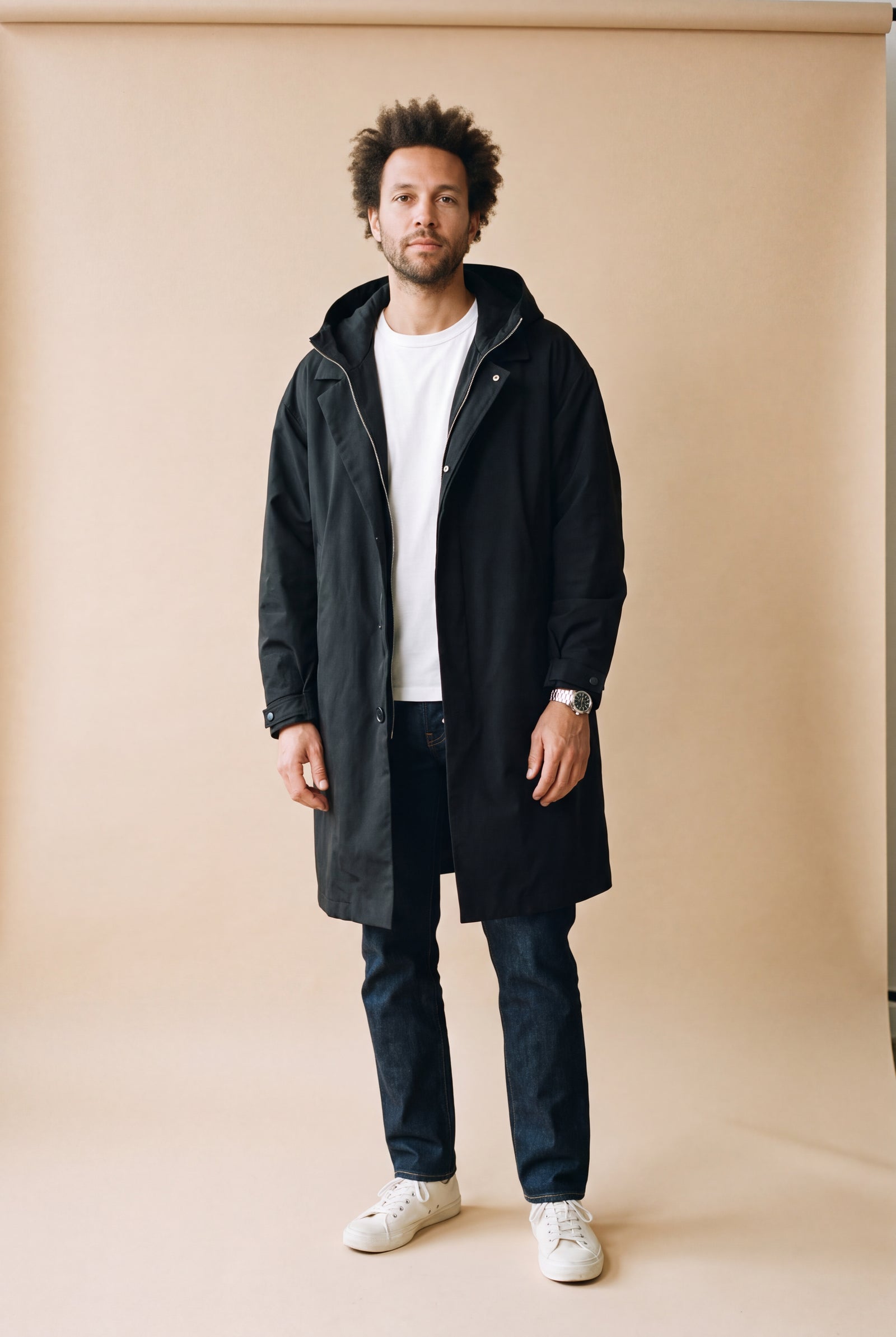 Men's Trench Coat Hooded Long in Black — primary studio
