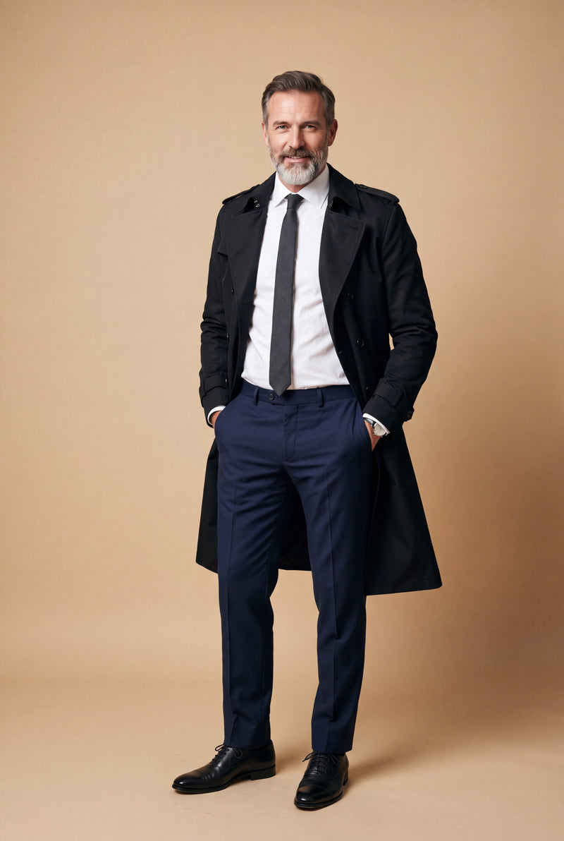 Men's Trench Coat Long Classic in Black — studio front