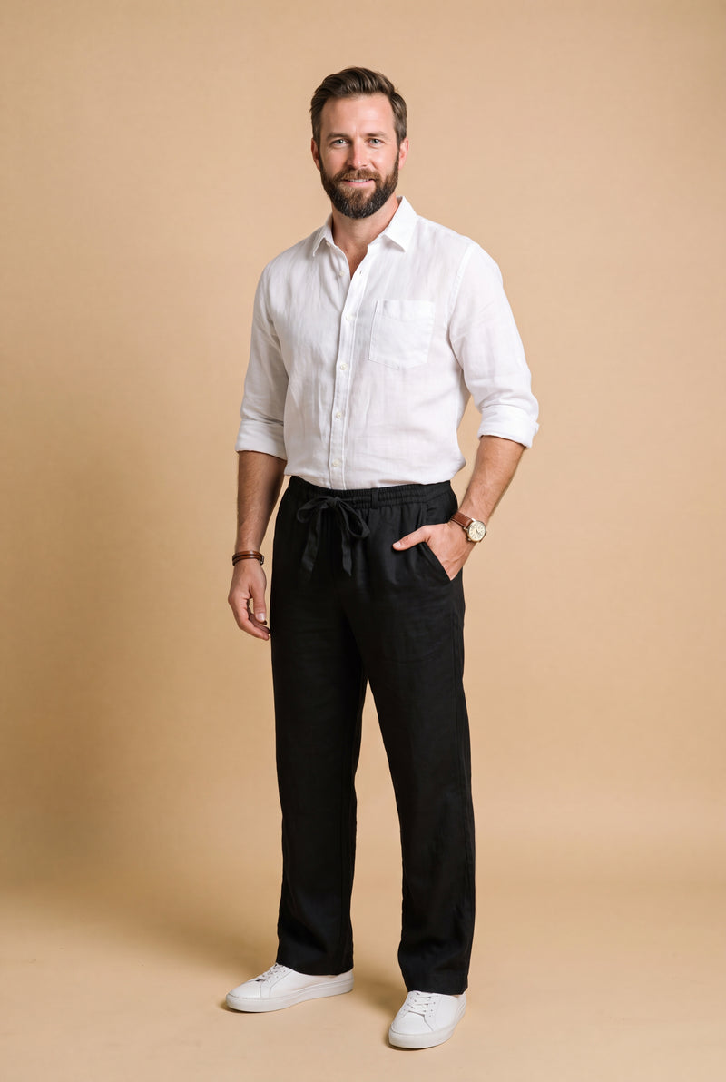Men's Trousers Wide Leg Drawstring in Black — studio full body
