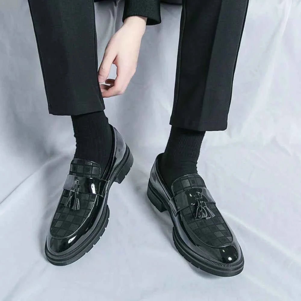Men's Checked Patent Tassel Loafers with Chunky Lug Sole - Photo 2