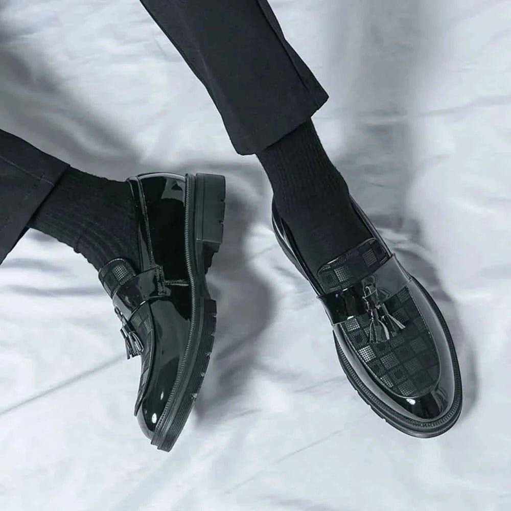 Men's Checked Patent Tassel Loafers with Chunky Lug Sole - Photo 9