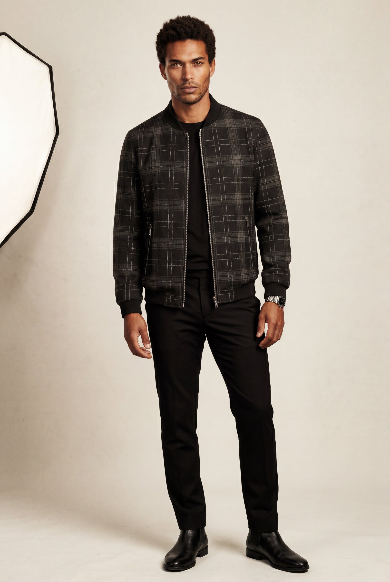 Black Men's Checked Plaid Classic Bomber Jacket with Ribbed Collar - Photo 2