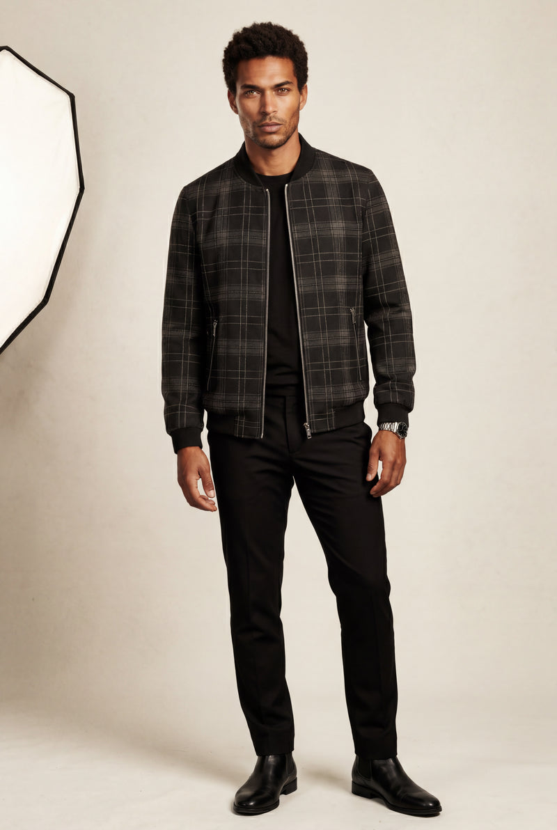 Black Men's Checked Plaid Classic Bomber Jacket with Ribbed Collar - Photo 2