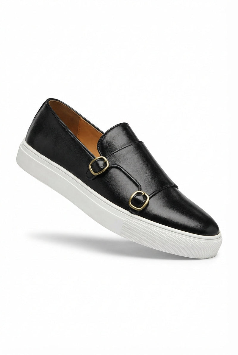 Black Men's Double Buckle Platform Loafers with Chunky Sole - Photo 1