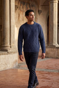 Navy Blue Men's Geometric Cable- Textured Pullover Sweater - Photo 17