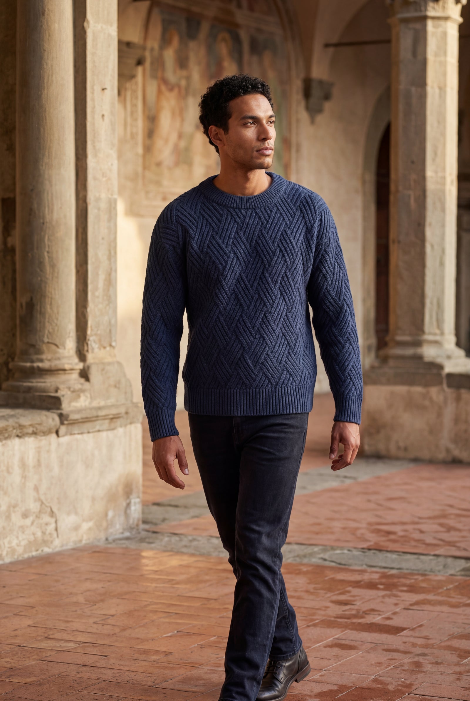 Navy Blue Men's Geometric Cable- Textured Pullover Sweater - Photo 17
