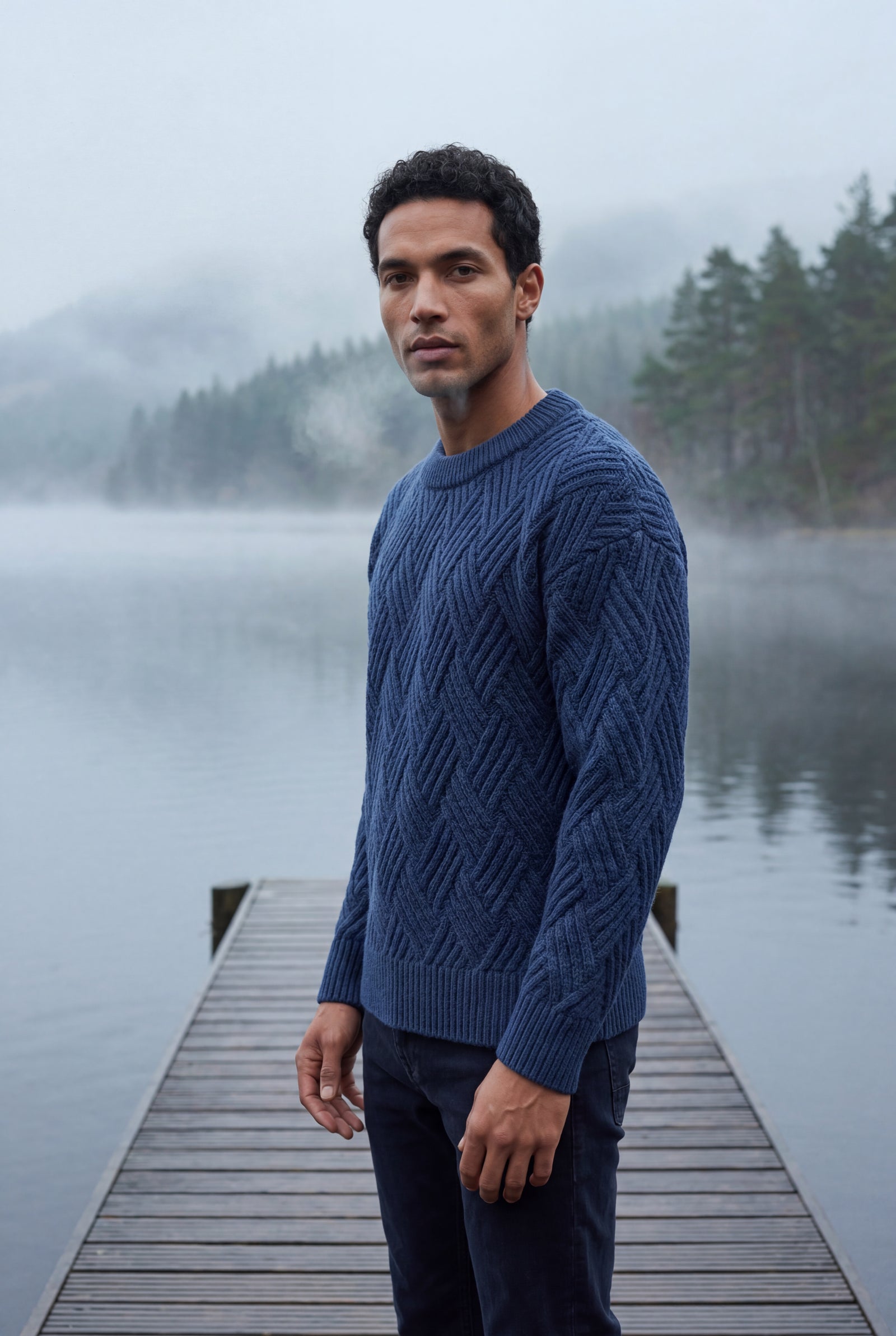 Navy Blue Men's Geometric Cable- Textured Pullover Sweater - Photo 19