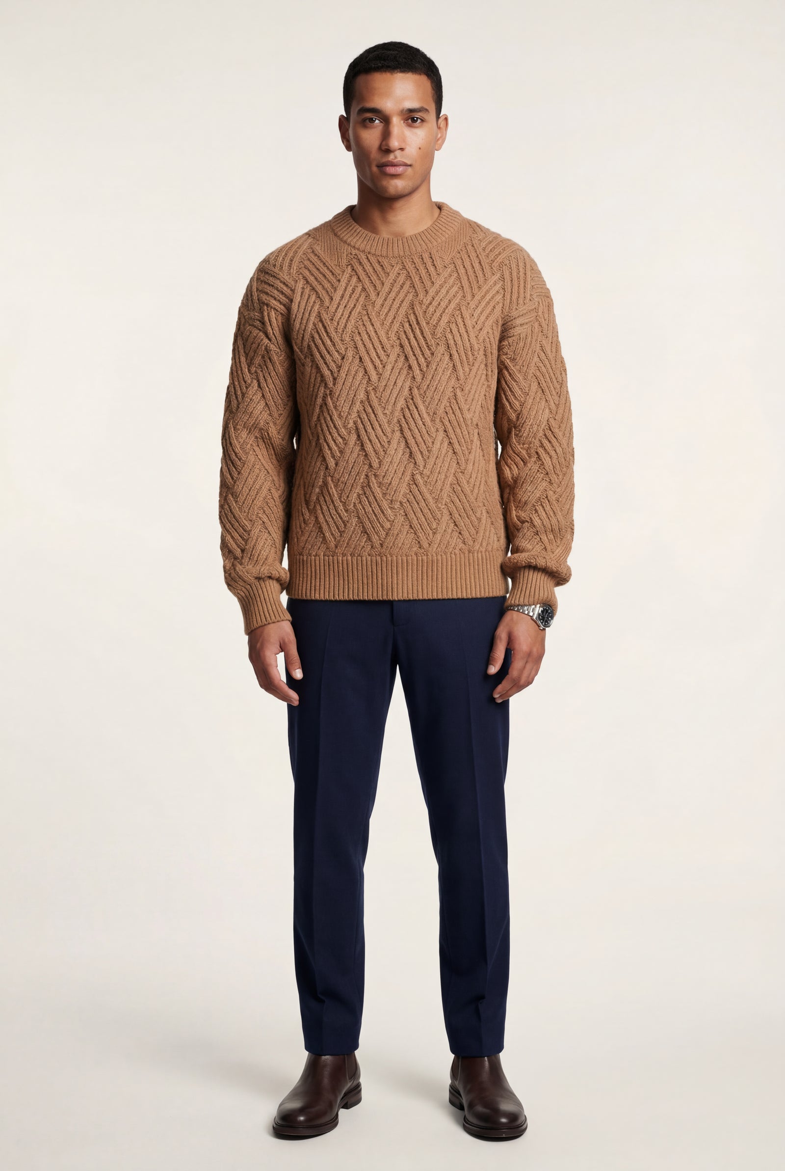 Khaki Men's Geometric Cable- Textured Pullover Sweater - Photo 20