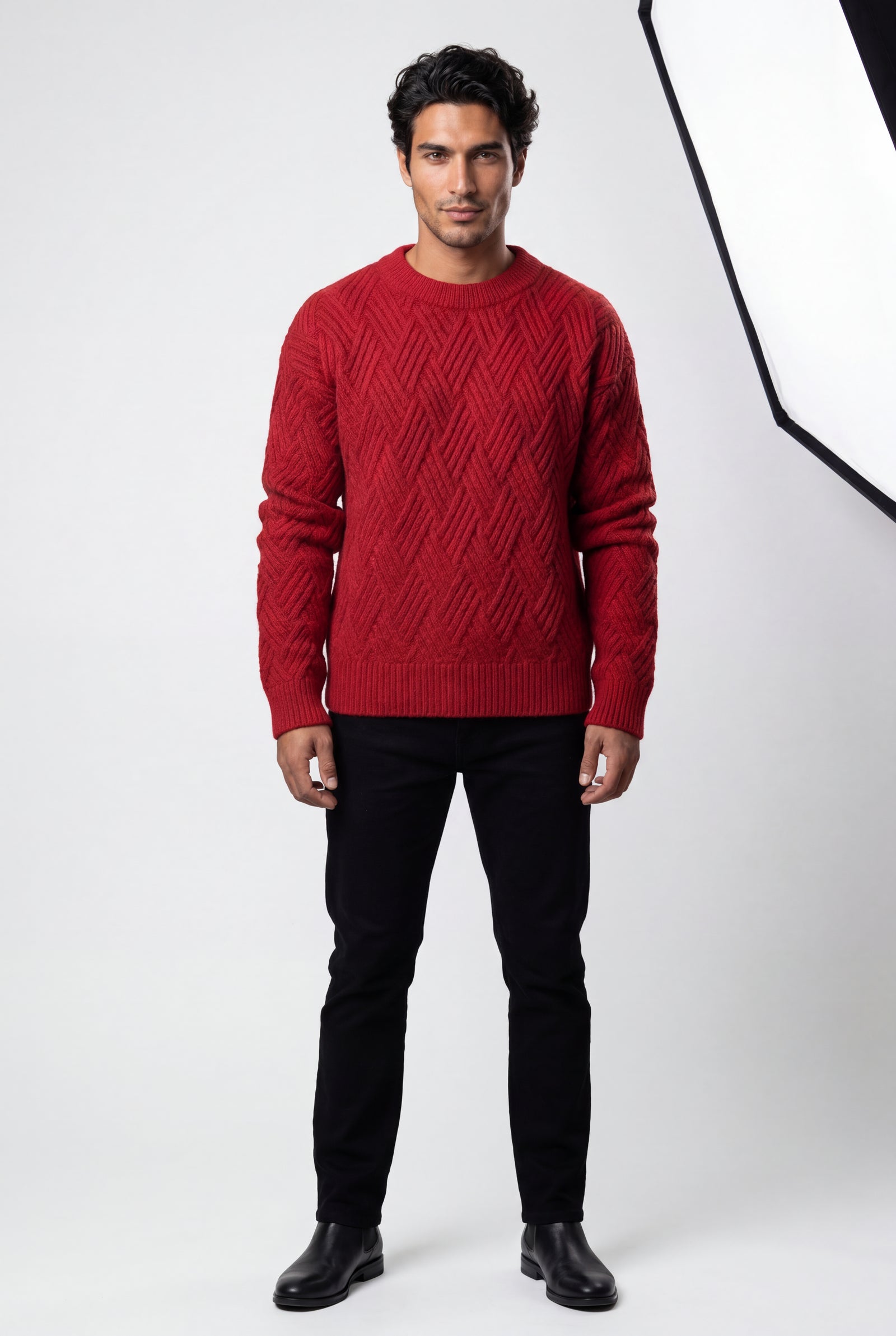 Red Men's Geometric Cable- Textured Pullover Sweater - Photo 29