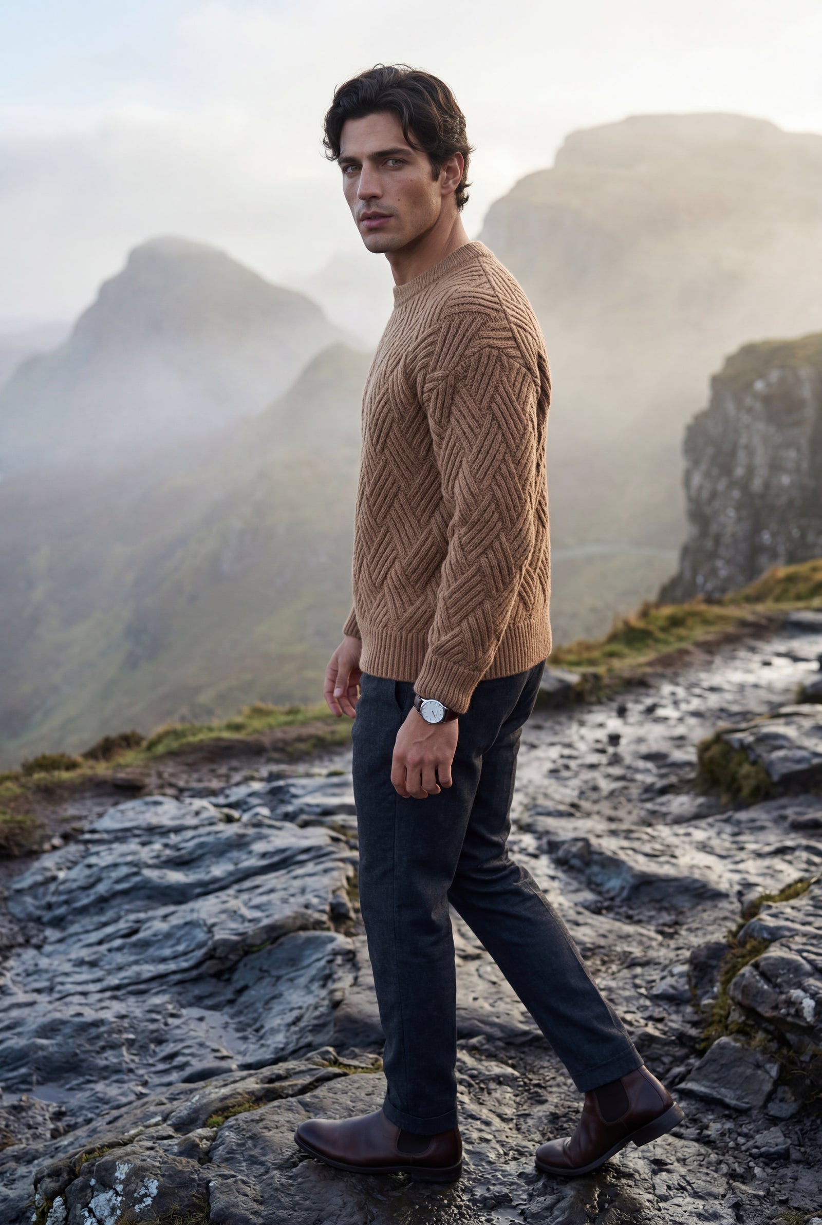 Khaki Men's Geometric Cable- Textured Pullover Sweater - Photo 33