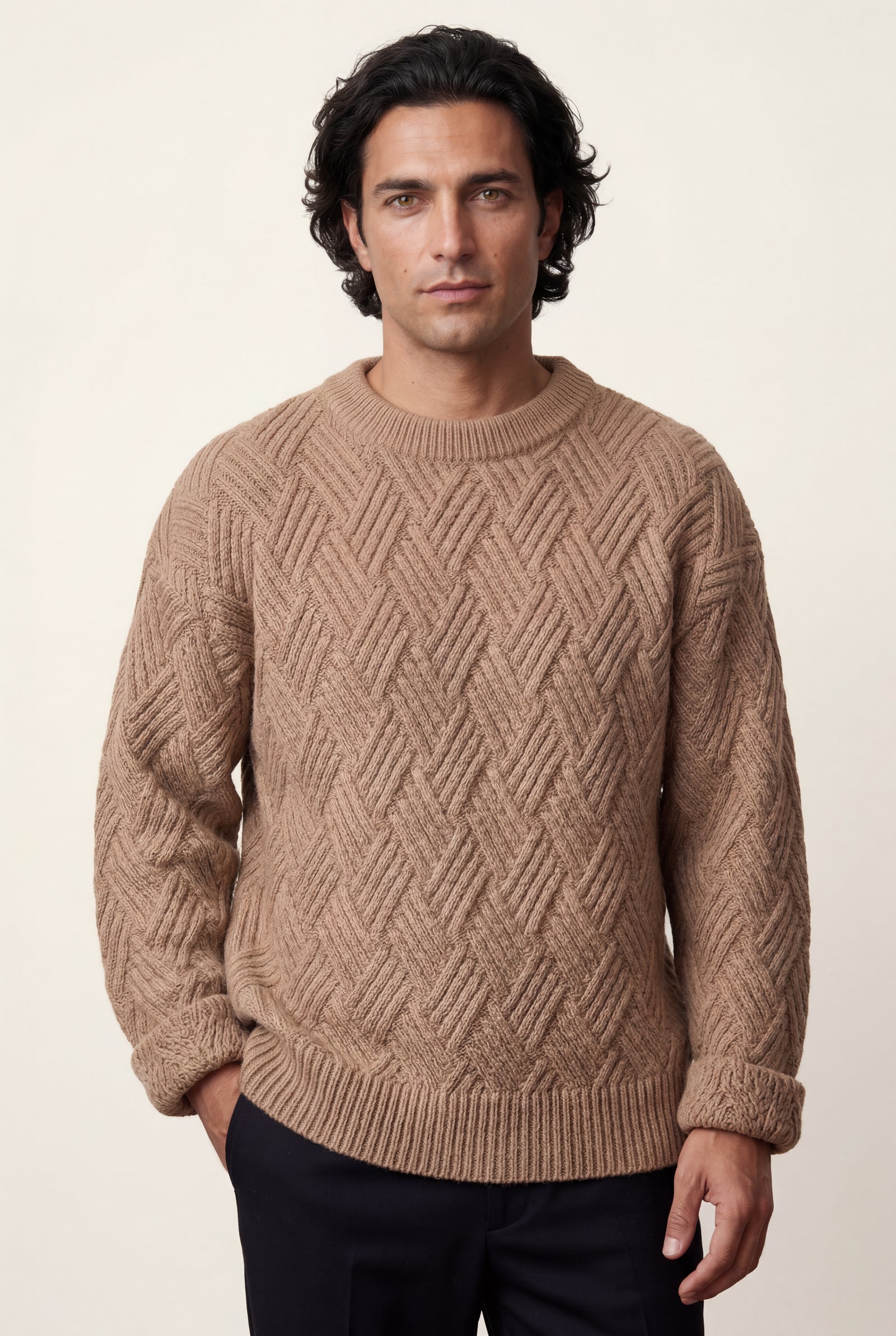 Khaki Men's Geometric Cable- Textured Pullover Sweater - Photo 4